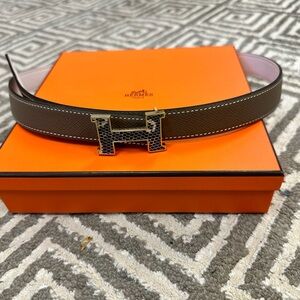 Hermes Mini H Belt - reversible leather strap and gold and snakeskin H